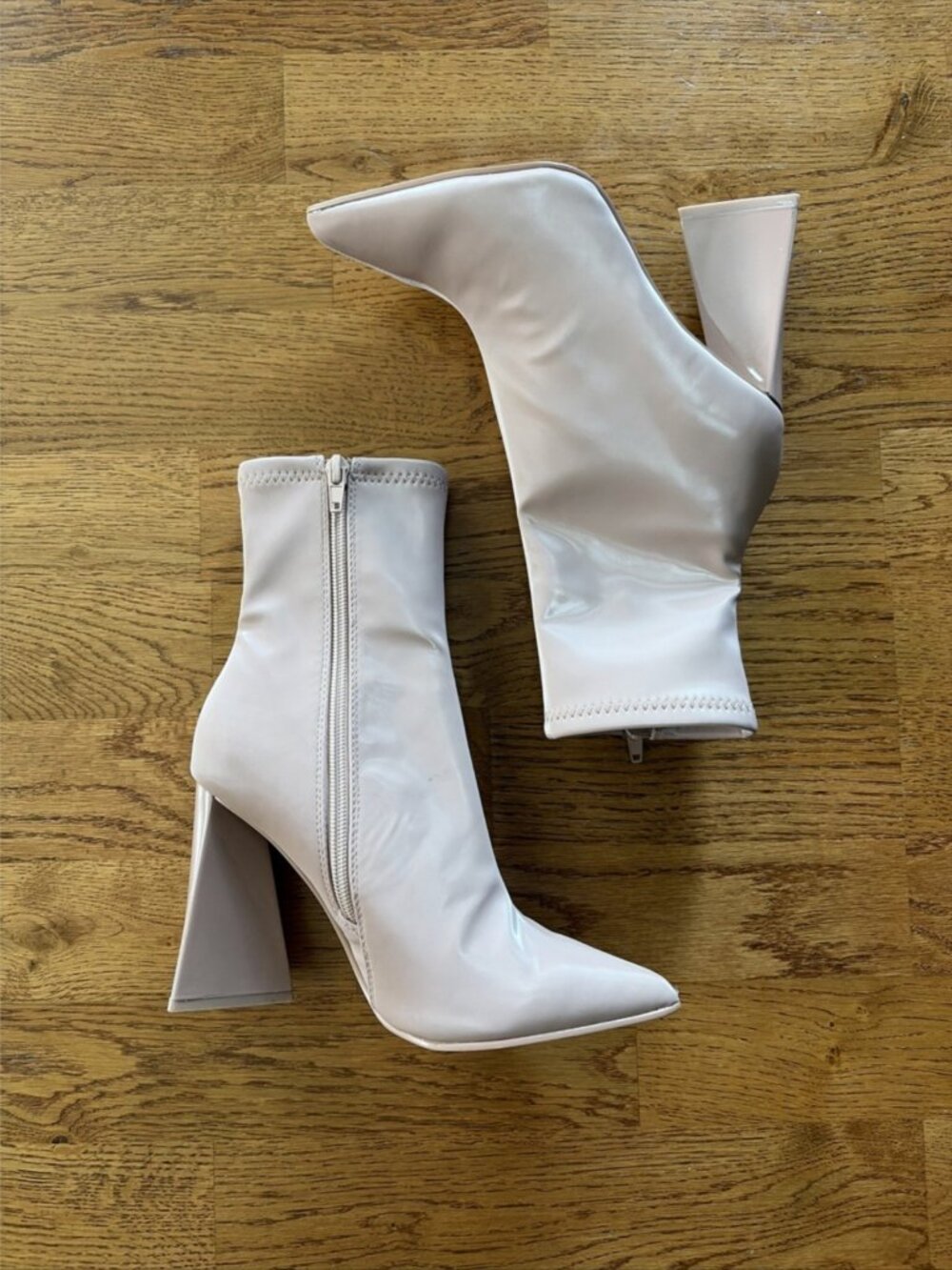 steve madden Kira heeled block boots zip Blush Nude pointy toe ankle Tan ticker